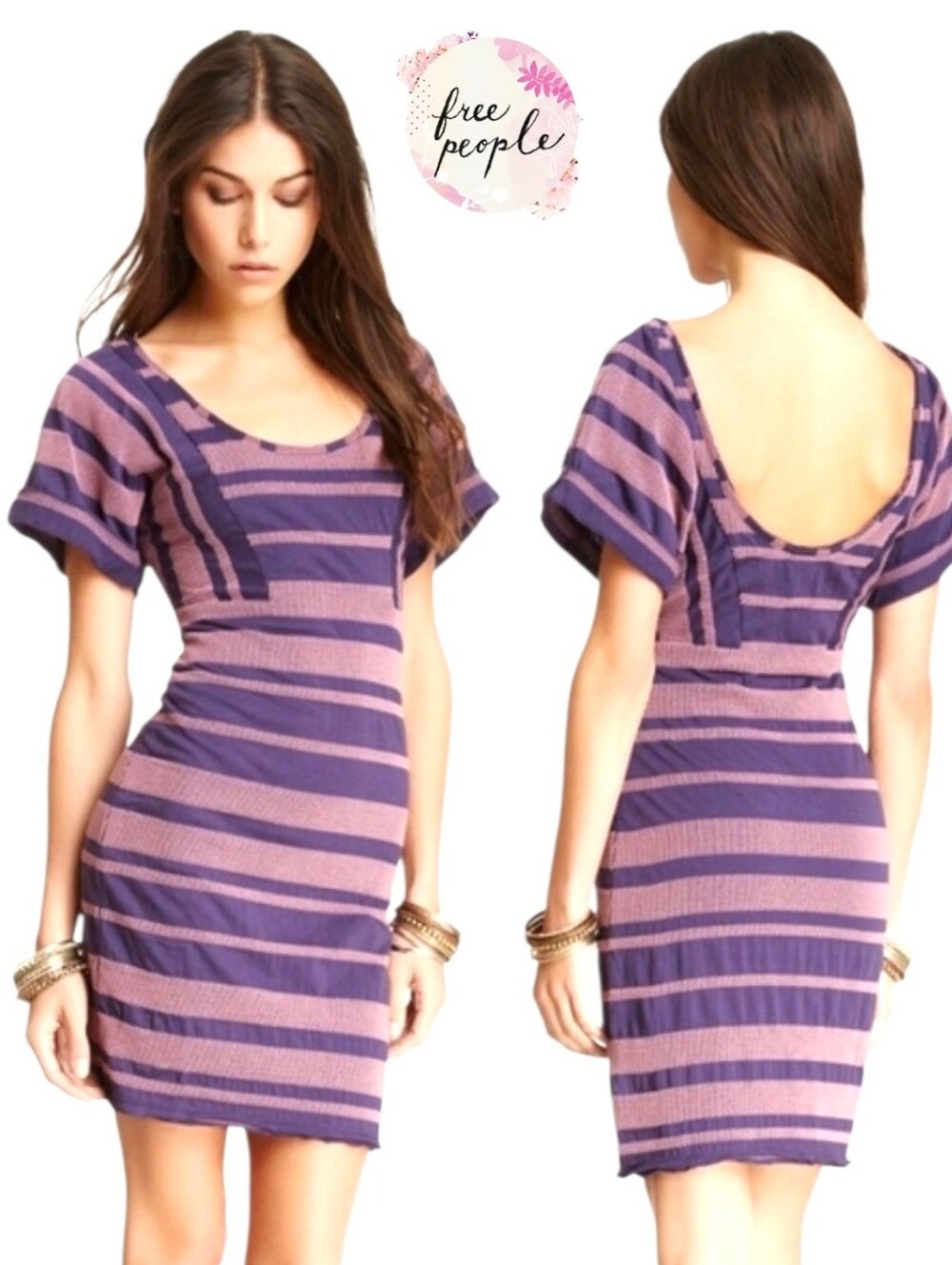 FREE PEOPLE Striped Short Sleeve Scoop Neck Bodycon Mini Dress Purple Pink MED